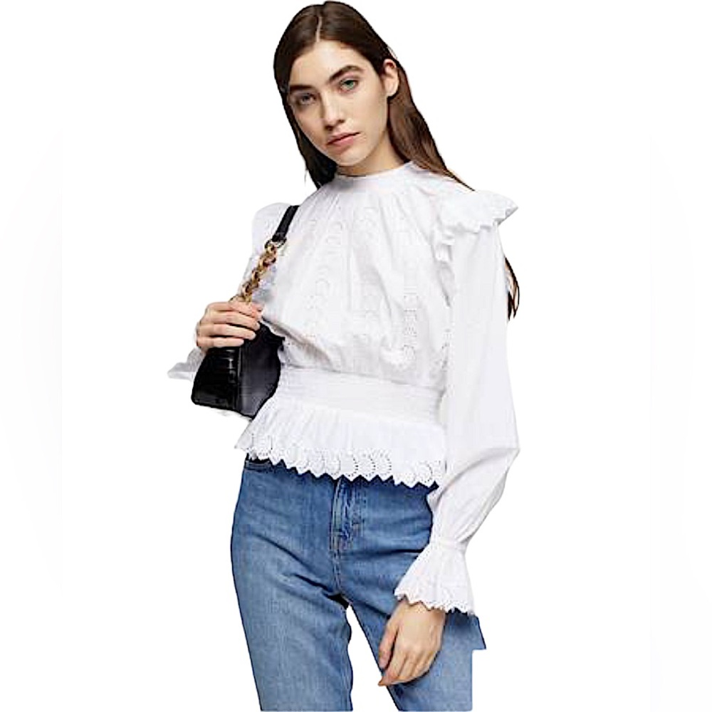 Topshop || NWOT || White Eyelet Ruffle Ling Sleeve Top